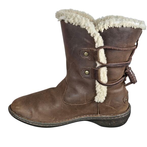 UGG Akadia Boots Womens 7 Stout Brown Leather Shearling Boots Mid Calf Back Lace - Picture 4 of 12